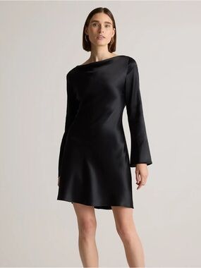 Brand New Quince 100% Washable Silk Long Sleeve Mini Dress Black Size Small